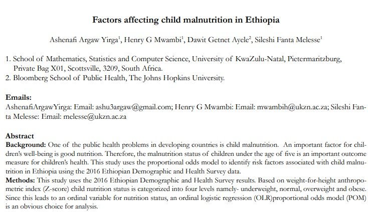 Factors affecting child malnutrition in Ethiopia

Read why #policymakers should focus on enhancing normal &amp; healthy weight for kids under 5 and improving the nutritional status of mothers:

ajol.info/index.php/ahs/…

#ChildMalnutrition #Malnutrition #Nutrition #Policy #SDGs
