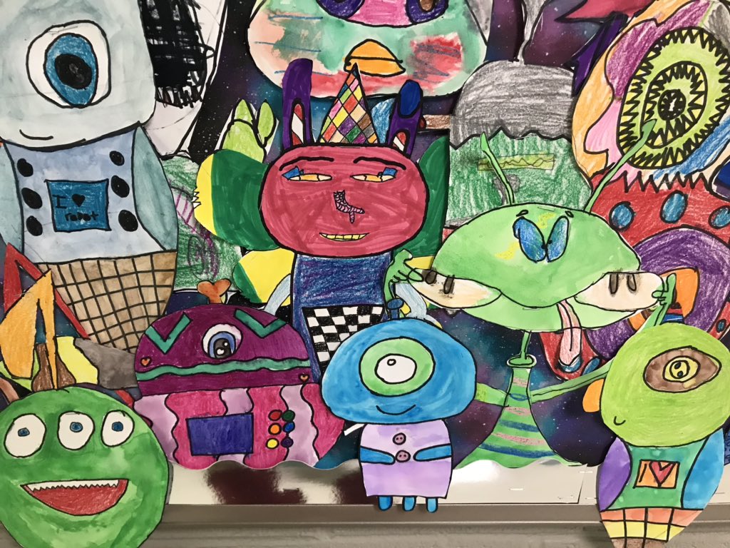 TigerTOESart's tweet photo. The new 4th Gr collab is up!! 🙌🏻
Inspired by the work #aliencrowd, these extraterrestrials brighten up the halls of #TaraO! 👽 
#colliervillearts @TaraOaks_ES https://t.co/npQ9V4fw5n