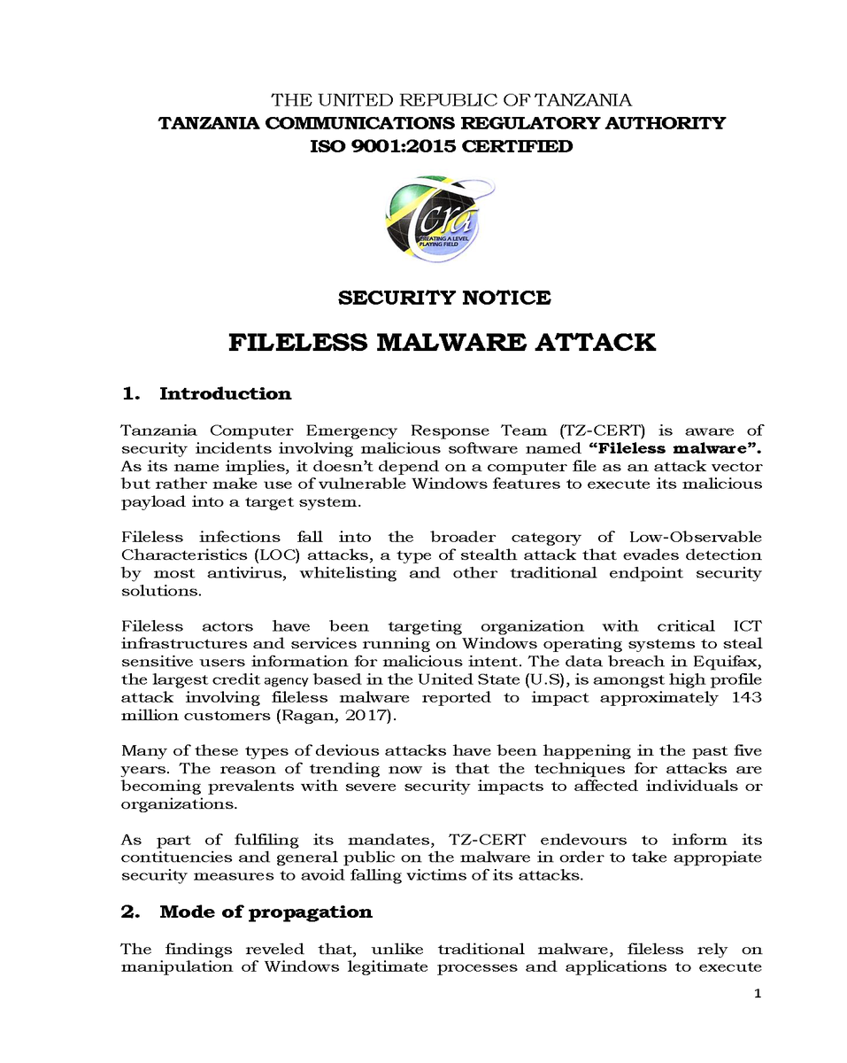 tz_cert's tweet photo. SECURITY NOTICE - FILELESS MALWARE ATTACK

Tanzania Computer Emergency Response Team (TZ-CERT) is aware of security incidents involving malicious software named “Fileless malware”. As its name implies, it ...

Read More: https://t.co/7EKtjfQsHS https://t.co/oNJs0gsCw2