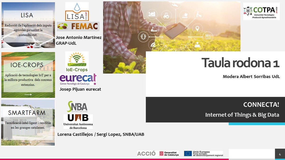 RIS3_COTPA's tweet photo. Vols conèixer els projectes COTPA liderats per @FEMAC_CAT @Eurecat_news i @UABBarcelona en l'àmbit del Internet of Things & Big Data Agroalimentari? Vine a la Jornada COTPA el divendres 27 a les 16:00 a Fira de Lleida
👉https://t.co/STMk3l5IVJ
#FonsUEcat https://t.co/8pfBwhCqsc