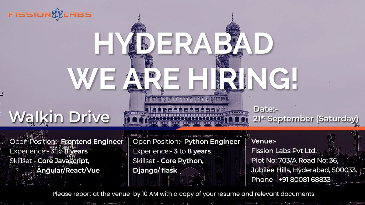 Fission_Labs's tweet image. Do you eat, sleep and think technology? Why don't you check out our vacancies and if it matches your skillset, drop by to meet us at Fission Labs' Hyderabad office?
Location: lnkd.in/dB5X5mw
#HyderabadJobs #PythonEngineer #FrontendEngineer #Jobs #hiring