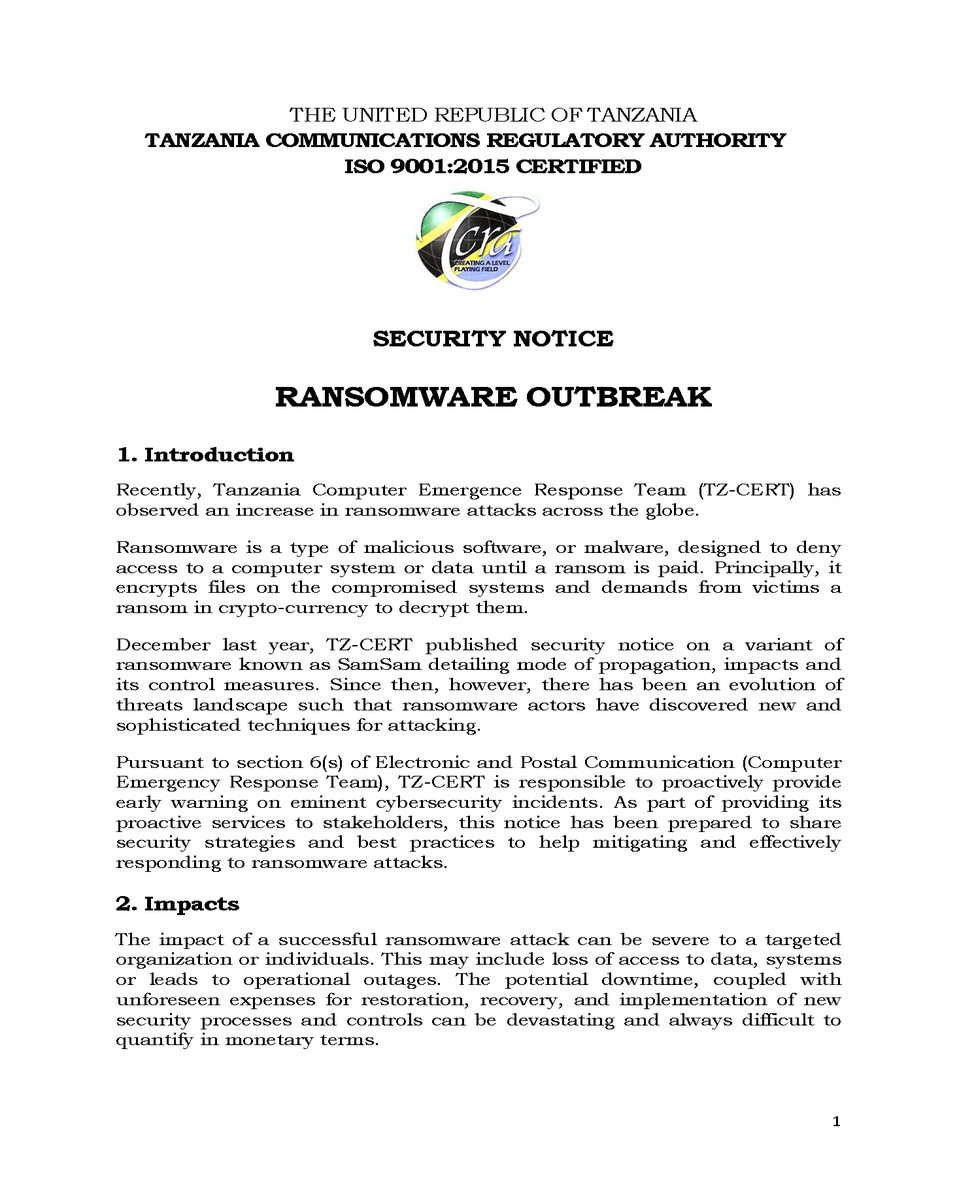 tz_cert's tweet photo. SECURITY NOTICE - RANSOMWARE OUTBREAK

Recently, Tanzania Computer Emergence Response Team (TZ-CERT) has observed an increase in ransomware attacks across the globe.
Ransomware is a type of malicious software, or malware ...

Read More: https://t.co/iaHTpdwDRw https://t.co/YjcP5yIHvD