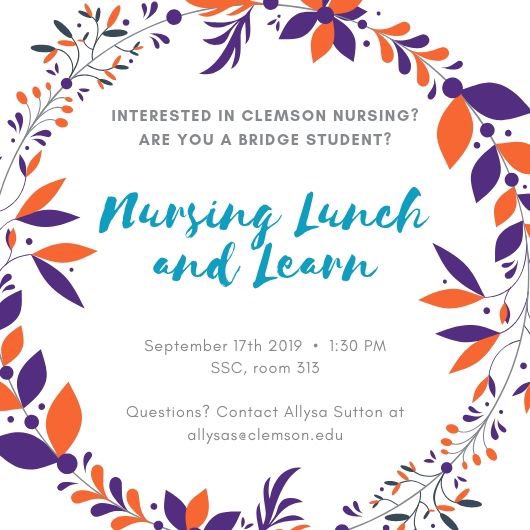 Are you a Bridge student interested in Clemson Nursing? Join us for the Lunch and Learn today at Tri-County in the SSC, room 313 to find out more about our program! The event starts at 1:30! <a href="/Clemson_Nurse/">Clemson University School of Nursing</a> <a href="/BridgeToClemson/">Bridge to Clemson</a>