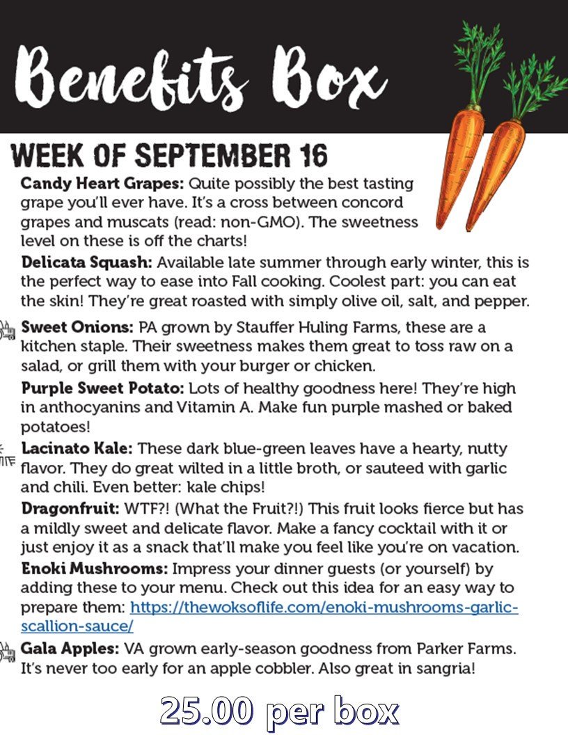 Supermarkets can be time-consuming, come grab fresh produce (benefit box) at our chef's table for the next (2) Wednesdays in September. #RADirksenCafe  This weeks produce