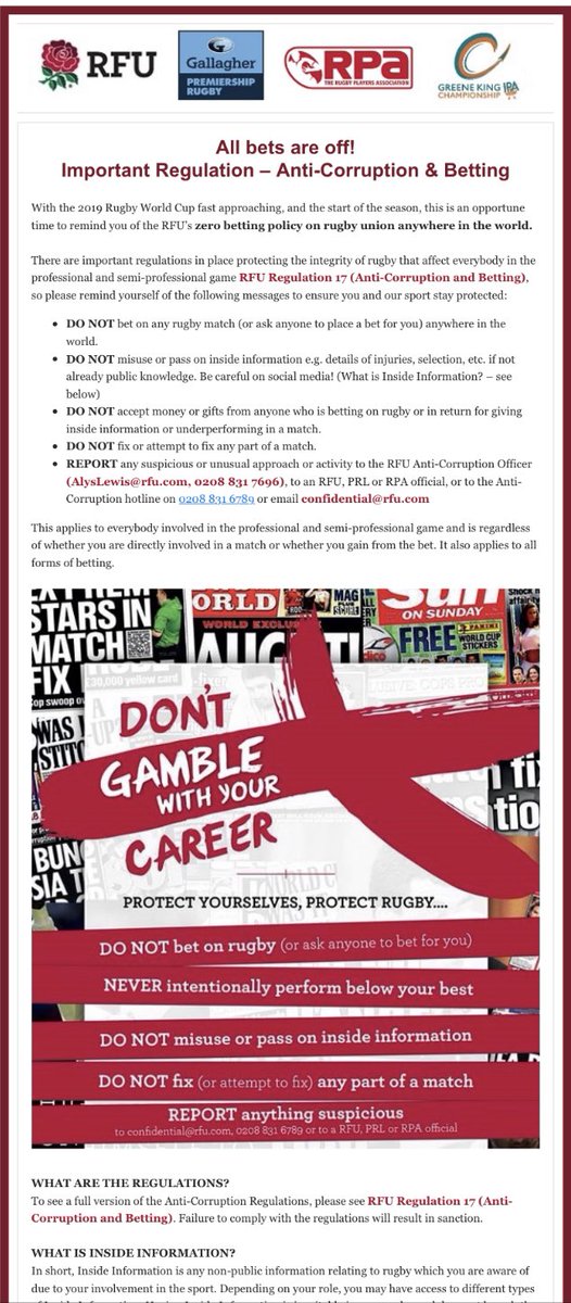 Nathaniel_John's tweet photo. Some top shithousery from @EnglandRugby and the RFU sending an email reminder out about anti-corruption and betting. You love to see it. #ChinUpFlower #NeverMindPetal #RobHowley #RWC19 #RWC https://t.co/CVVqSqphcp
