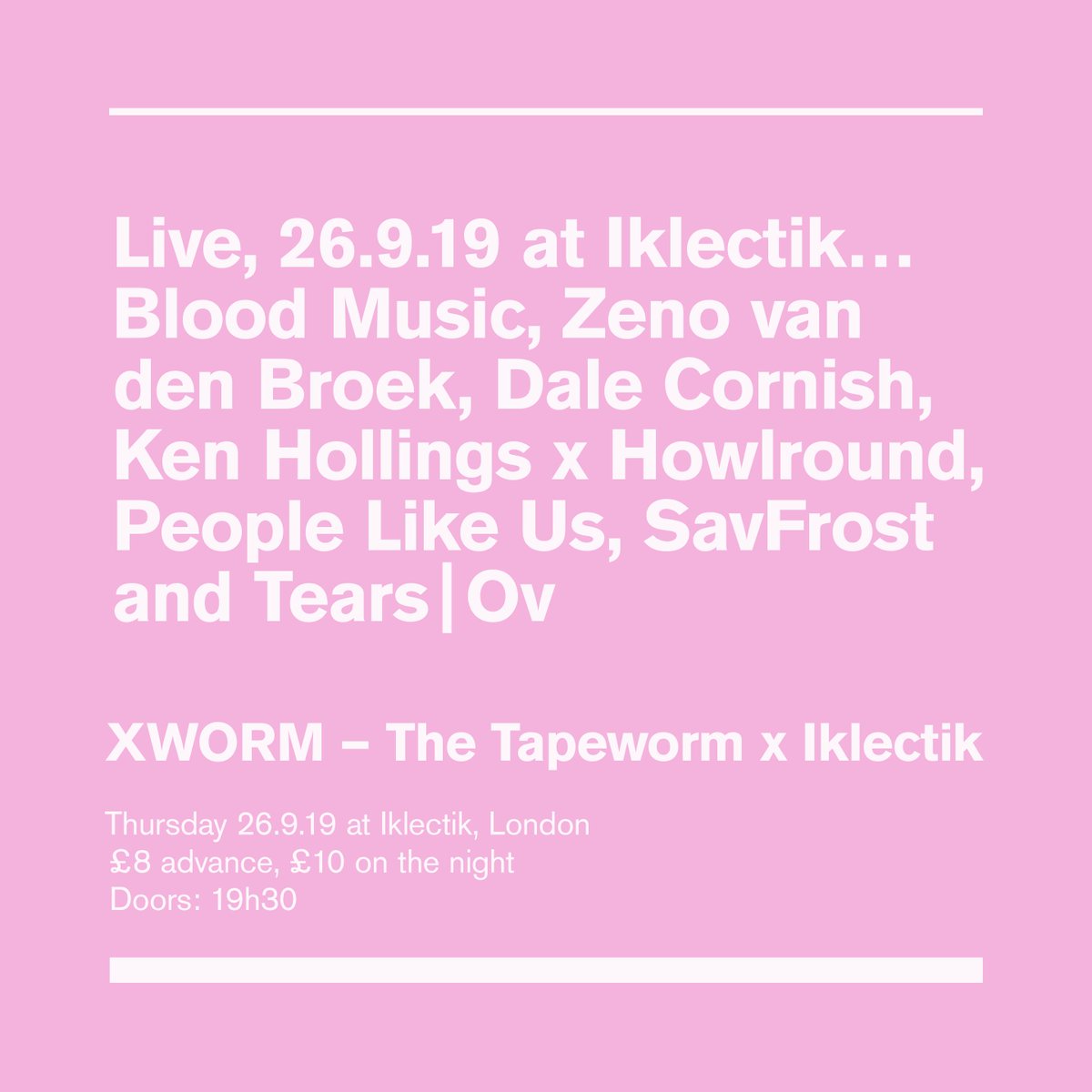 the_tapeworm's tweet photo. To celebrate our 10th birthday we are doing two London spectaculars 

26.9 – XWORM x @iklectikartlab 
https://t.co/EaFaWeu5w8

29.9 – XWORM x @Cafeoto 
https://t.co/cB1yxq3oOz https://t.co/B6QQll8Ax8
