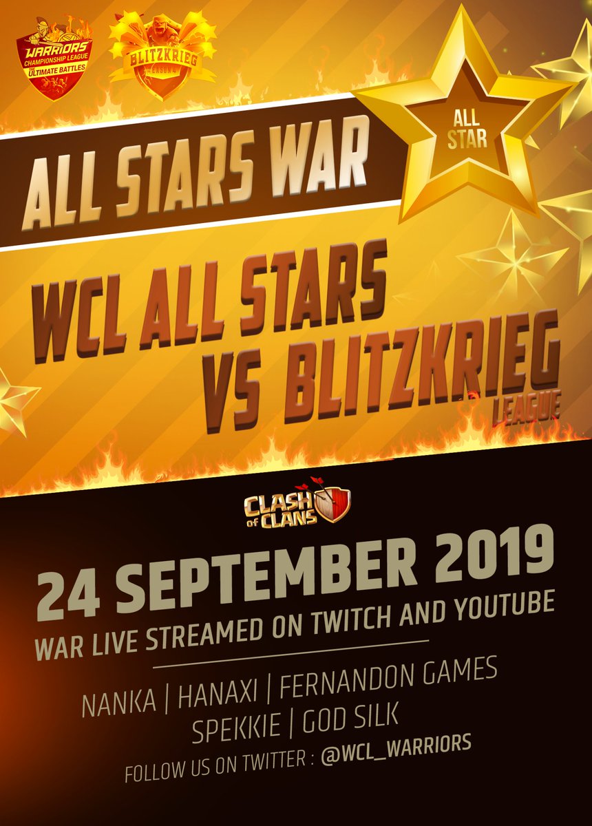 wcl_warriors's tweet photo. WCL ALL STARS VS BLITZKRIEG LEAGUE ALL STARS
4pm CET / 8.30pm IST / 11am EDT / 6pm MSK
Preparation: 4 hours
Battle: 24h
BreakDown: 15 | 15 | 20
War Style: No Dip
Everyone who want to play, please fill it.Registration Link : https://t.co/h9AdFCv8WY 
WCL-https://t.co/TMMoXXpvsH https://t.co/lAEdyYVW61