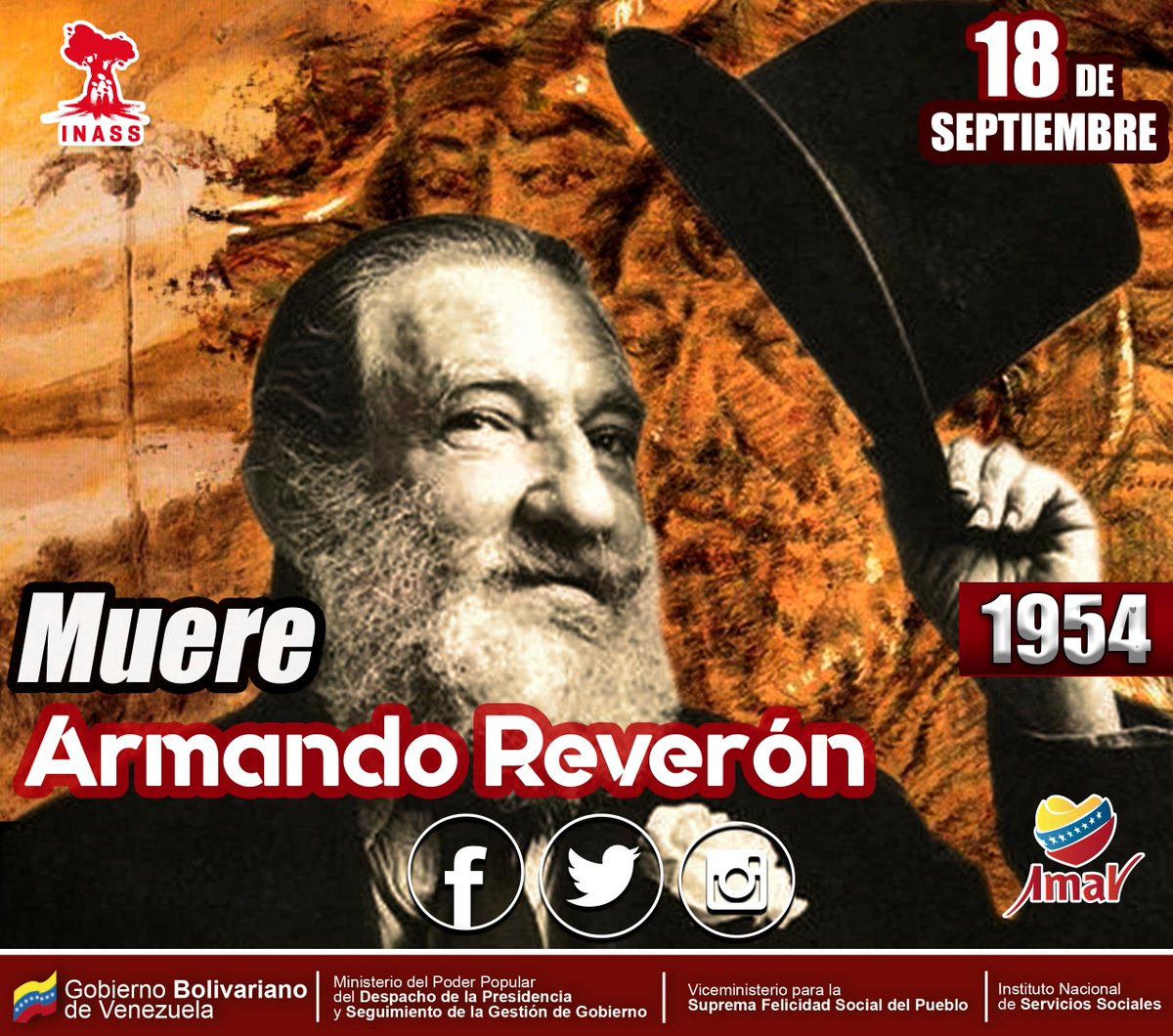 #Efemérides
Tal Día como #Hoy en el año 1954, fallece Armando Reverón,uno de los grandes maestros en la historia de las artes plásticas del país. En sus obras trató el tema religioso, las naturalezas muertas, la figura y el autorretrato.
<a href="/gladysrequena/">Gladys Requena</a> <a href="/DPresidencia/">Despacho Presidencia</a>