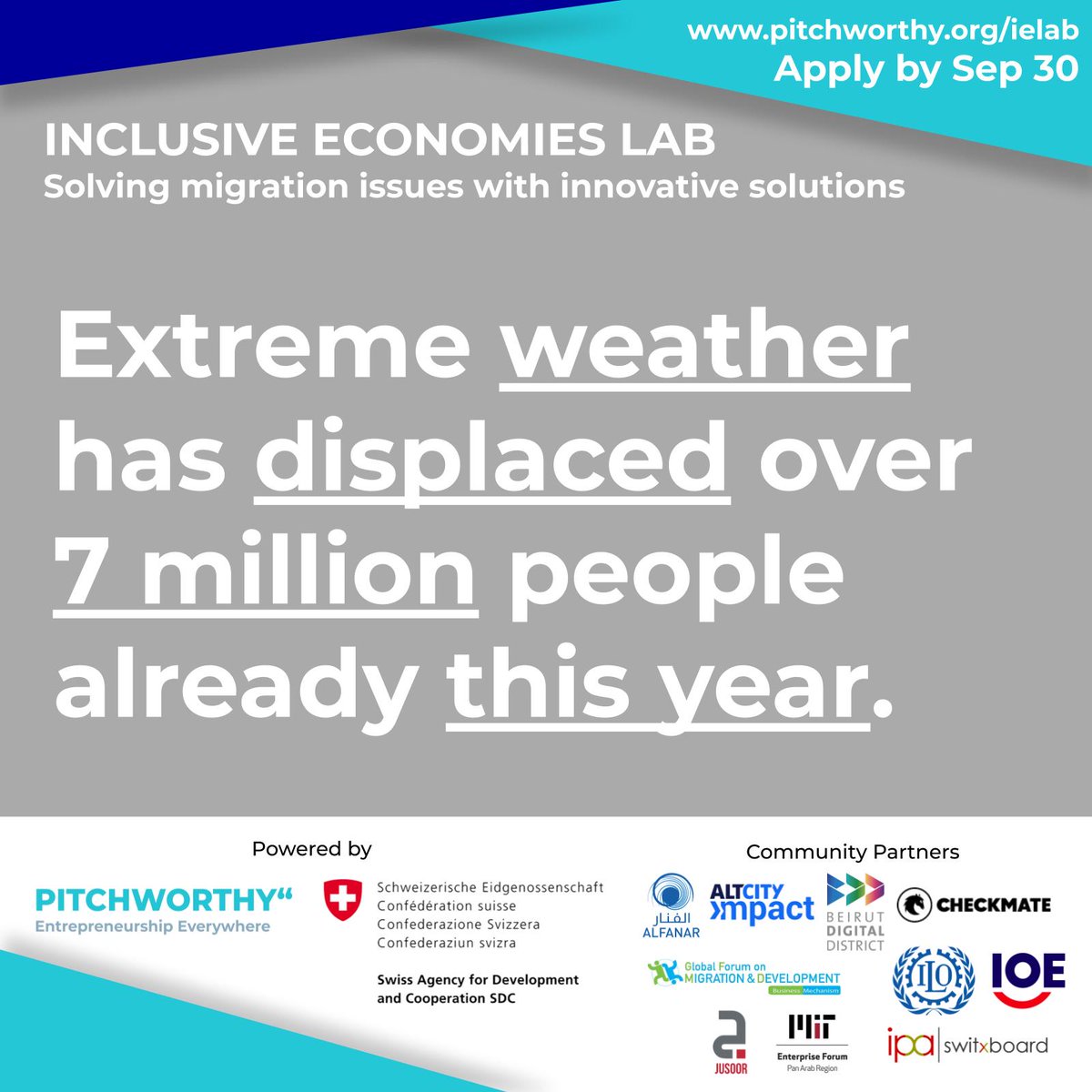 BloomEMEA's tweet photo. We will only have more of these extreme weather events going forward
For those working on innovative solutions to improve work for migrants, refugees, &amp; marginalized communities, the application deadline for PW's #InclusiveEconomies Lab is Sep 30th!
https://t.co/wVt1JqMmcf #IELab https://t.co/7AfaEb2n90