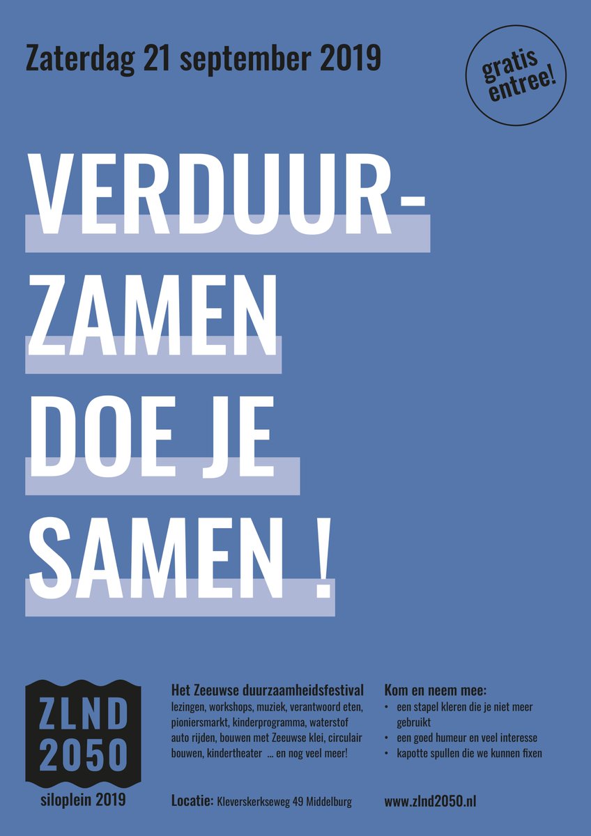 ZLND2050 eerste Zeeuwse Duurzaamheidsfestival in Middelburg op 20 en 21-09. Entree Gratis. Relevant voor B2B en particulieren. Programma zlnd2050.nl  <a href="/ZeelandBusiness/">Zeeland Business</a> <a href="/zeelandzakelijk/">Zeeland Zakelijk</a> <a href="/pzcredactie/">PZC</a> <a href="/omroepzeeland/">Omroep Zeeland</a> <a href="/Groedefestival/">Groede Festival</a> <a href="/Gem_Middelburg/">Gemeente Middelburg</a> <a href="/dezbnl/">ZB Bibliotheek van Zeeland</a> <a href="/wijzijndestad/">Wij zijn De Stad</a>