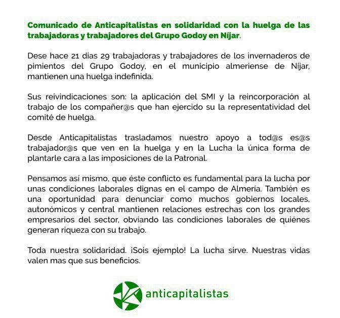 Anticapi_And's tweet photo. Comunicado de Anticapitalistas en solidaridad con la huelga de las trabajadoras y trabajadores del Grupo Godoy en Níjar.

Toda nuestra solidaridad. ¡Sois ejemplo! La lucha sirve. Nuestras vidas valen mas que sus beneficios. https://t.co/R97QUf5NQS