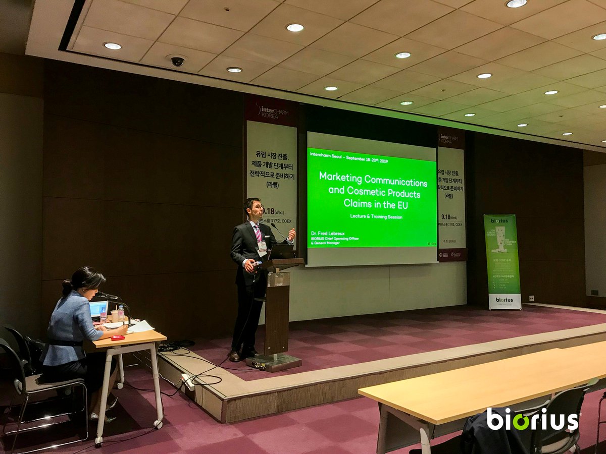 Biorius's tweet photo. Intercharm Korea got off to a good start with the lecture of our COO on marketing communication and claims in the EU! 👨‍💼
We will do it again tomorrow with a second lecture on trendy vs unpopular cosmetic ingredients !
Join us at this seminar or at our booth #C55😀💄! https://t.co/y6zoaFus36