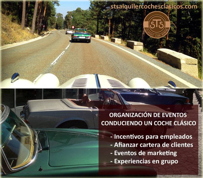 Organizamos eventos para empresas o grupos, que comienzan con la experiencia única de conducir un coche clásico y sigue con plan a medida en función del objetivo del evento. Contacta con <a href="/STSClassicCars/">STSClassicCarRental</a>  stsalquilercochesclasicos.com/contacto y cúentanos tu idea.