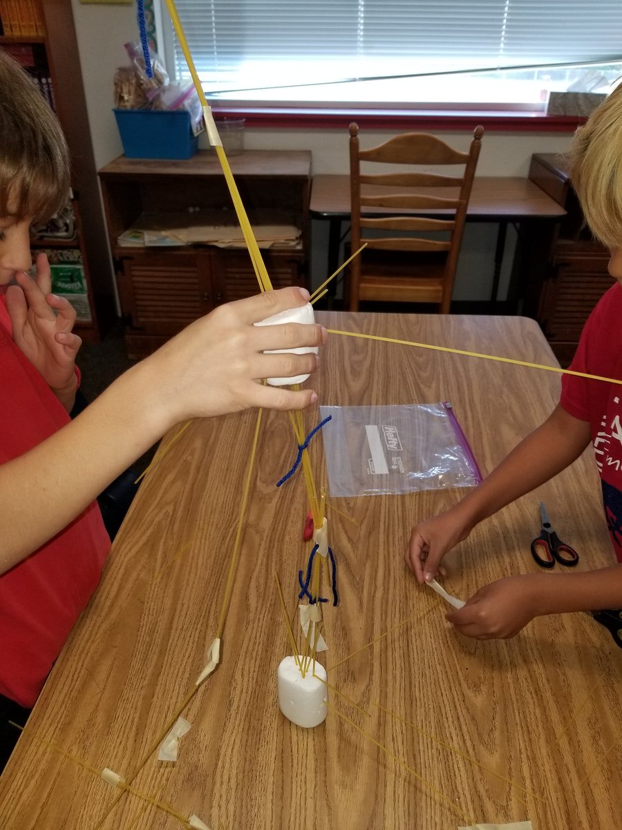 2ndKeene's tweet photo. Marshmallow and pasta buildings.....maybe not earthquake and tornado safe, but still fun and building teamwork! :) Great effort red group! #celebratestark #bestyearever #cfbmatterstome #futureengineersinthemaking #betheexception https://t.co/4rZ28RsXW5