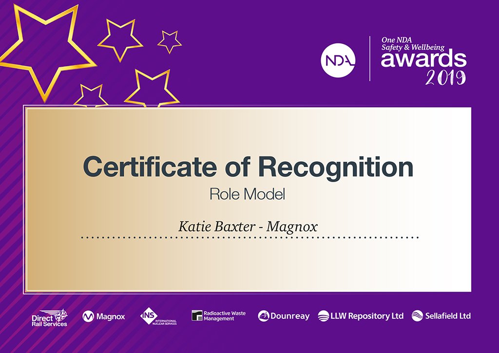 NDAgovuk's tweet photo. Congratulations to @magnoxsites Katie Baxter on the official recognition as #NDAsafety19 Role Model #DecommSafety πππ https://t.co/5ZhQpimObn