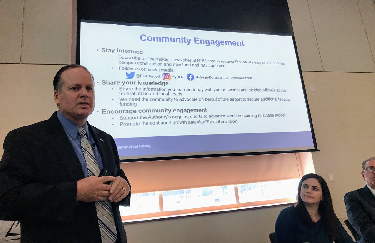 RDUCEO's tweet photo. @RDUAirport is committed to the community it serves. I enjoyed discussing the ways stakeholders can #stayinformed #shareknowledge and become #engaged to support the growth and viability of the @RDUAirport at @RTATriangle #TriMAP meeting. https://t.co/2dPZfrYdqH