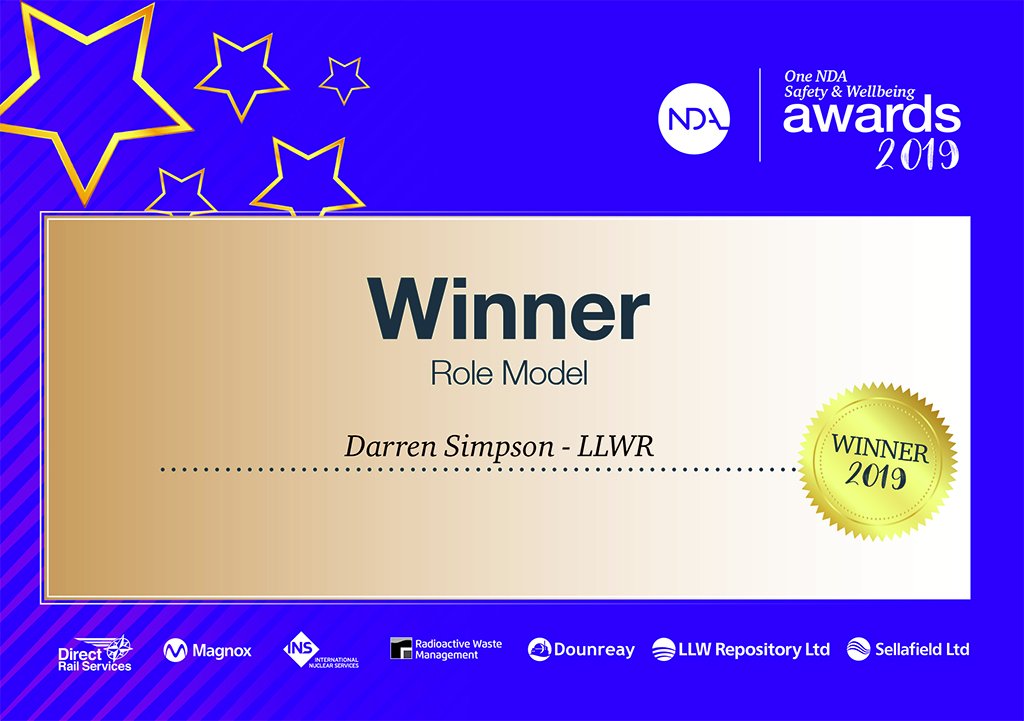 NDAgovuk's tweet photo. Congratulations to @llwrsite Darren Simpson on winner of #NDAsafety19 Role Model #DecommSafety πππ https://t.co/leFUTHbwVp