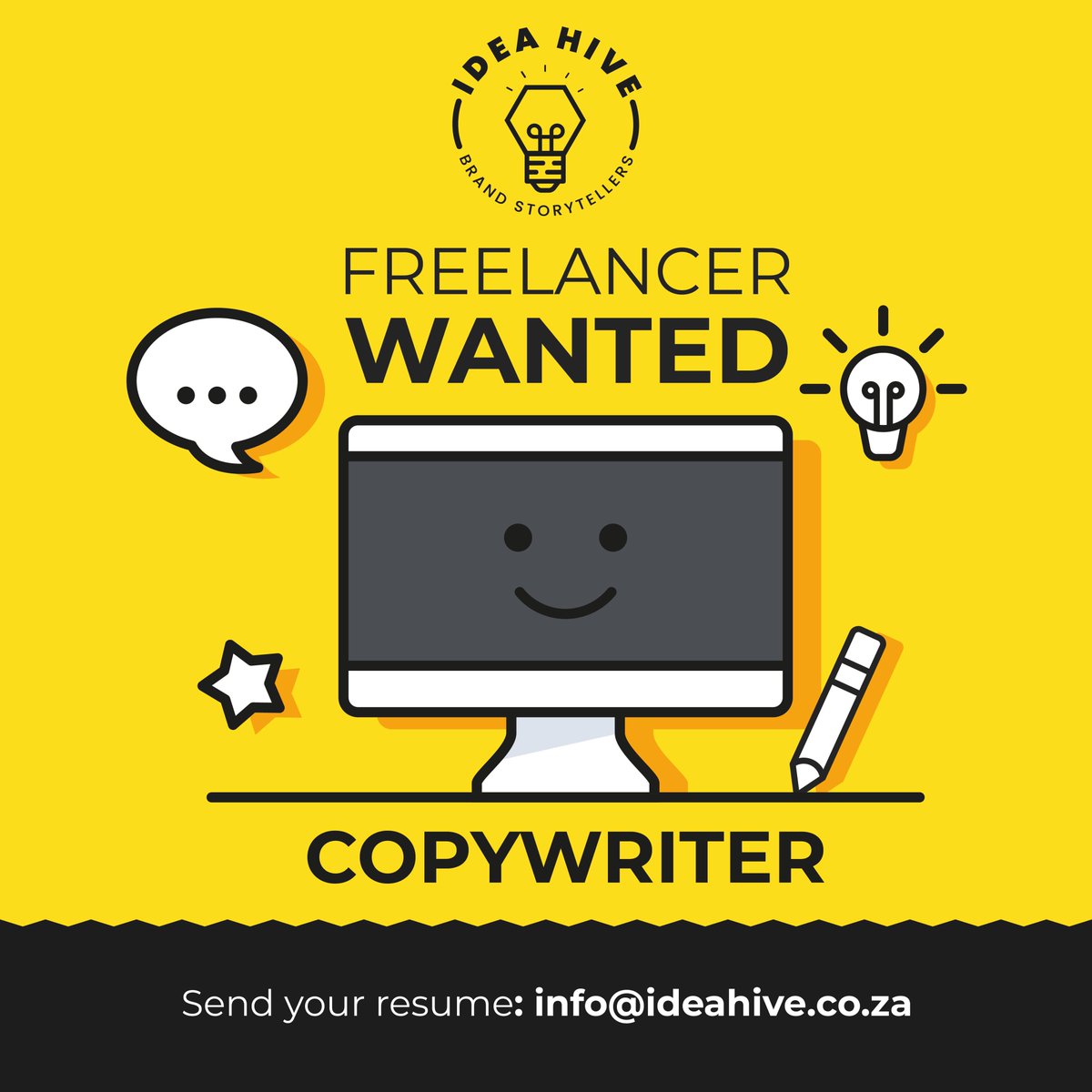 AdHiveGroup's tweet photo. Idea Hive is looking for a Mid to Senior Level Freelance Copywriter to join the team.
We looking for somebody who is experienced in Copy Writer, passionate about creating brilliant work
Please send us your portfolio or cv and a few references to info@ideahive.co.za
#IdeaHive https://t.co/d7STpH7O4p