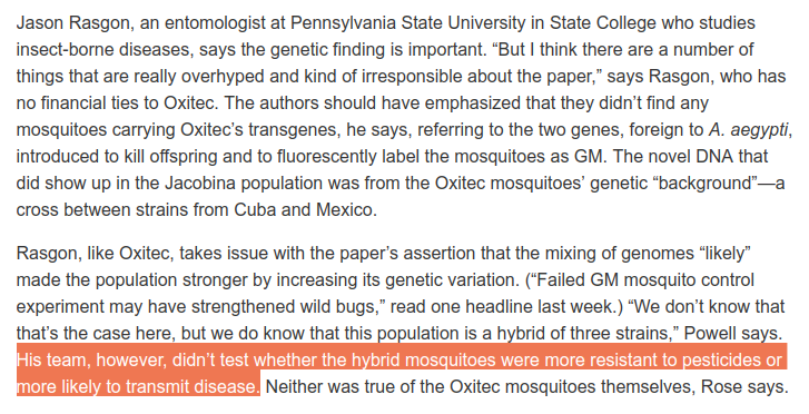Responses to the previous paper studying the Oxitec mosquitos: the introduced genes didn't appear in the offspring, just genetic material from the Cuban and Mexican mosquito strains used in the crossbreeding.  https://www.sciencemag.org/news/2019/09/study-dna-spread-genetically-modified-mosquitoes-prompts-backlash