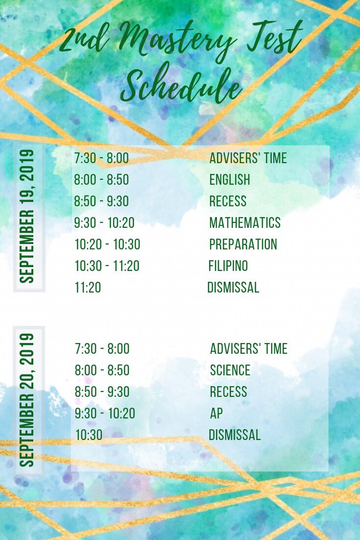 NDDUJHSSSC's tweet photo. Here’s the schedule for the 2nd Mastery Test. 💚💛✨ https://t.co/HE9MjQx0aC