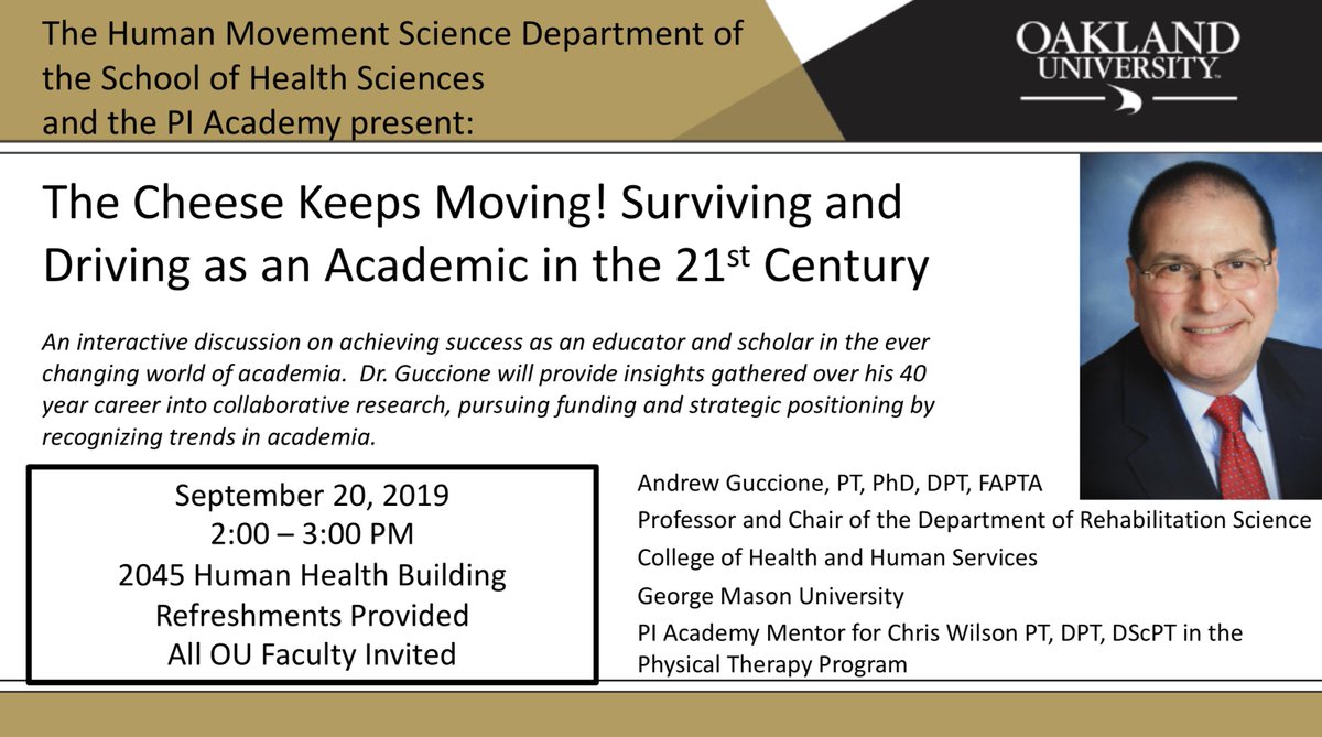 OaklandResearch's tweet photo. TOMORROW! Dr. Andrew Guccione from @GeorgeMasonU visits as a mentor for Chris Wilson, as part of #OUpiacademy. Seminar is Friday 9/20 at 2 p.m. 
@StonedavidA @docgoble @OaklanduSHS https://t.co/lpm3ZzKCpF