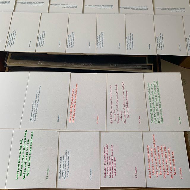 mostlyflat's tweet photo. Eight down; four more to go! Yellow next, and then pink, I think.
.
.
.
#poetrypharmacy #poetrycards #letterpress #typefaces #handsettype #metaltype #minimal #letterpressprinting #printingpoetry #postapoem https://t.co/NLc1Ixi0cJ https://t.co/cqcyhZrEej