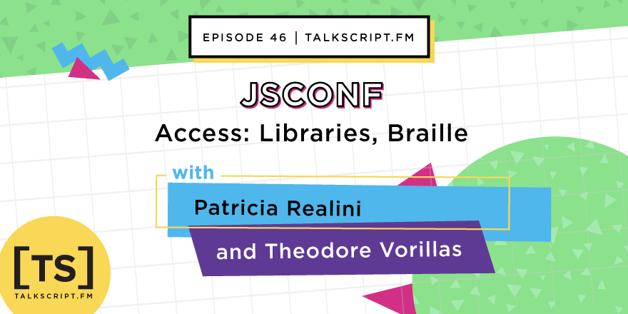 TalkScript's tweet photo. Get ready for the third episode in our 6-part series from @JSConfUS 2019! @patriciarealini and @vorillaz stop by for some lively discussions with @pottedmeat, @nicknisi and @sammenza centered around the theme of access. #JavaScript #TalkScript https://t.co/PxQZHGvsUp https://t.co/V6hiOmrFad