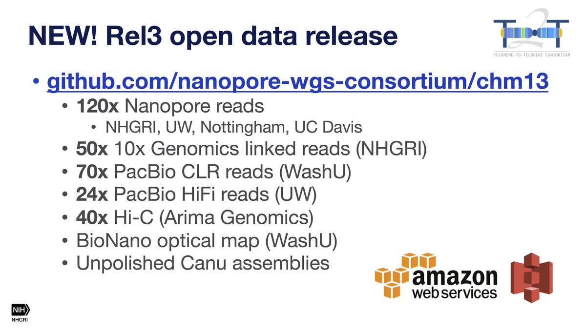 aphillippy's tweet photo. At #jaxlongreads announcing the #T2T rel3 data release! Now totaling ~120x of @nanopore data including additional ultra-long reads from @glennis_logsdon with an N50 length of 147 kb (!) and two PromethION runs from @meganamsu. All data available here: https://t.co/ABSkaC40wa https://t.co/jXSNldsAxb