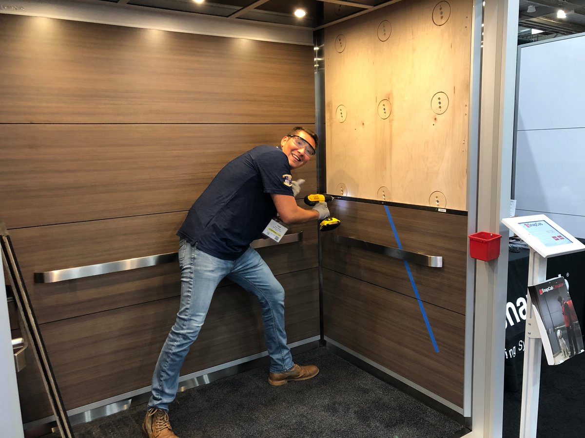snapcab's tweet photo. It's been a great first day here at #NAEC2019! If you visit the #SnapCab booth today or tomorrow, you'll have a chance to participate in our #SnapCabInstallContest! Simply install an interior as fast as you can, and you could win a $500, $250 or $100 Amazon gift card! #Elevator https://t.co/EhyDjjqLfk