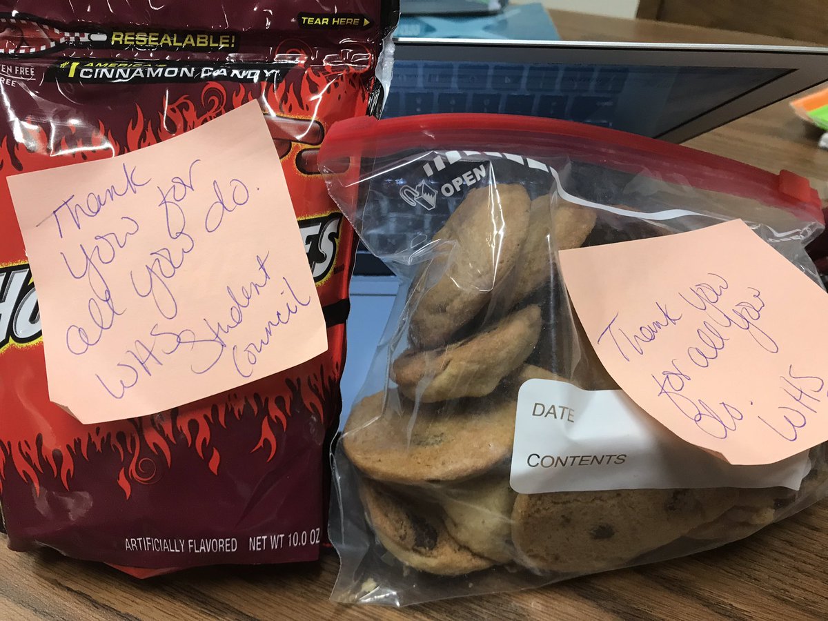 Tonka_StuCo's tweet photo. Yesterday was @MASCstuco Birthday. We celebrated by thanking some of our school’s MVP’s! Cookies for our Spectacular Custodians, @TonkaFacilities and Hot Tamales for the wonderful Lisa Butler the extraordinary Administrative Assistant. #thisistonka #MASCbirthday https://t.co/dLexJqxHZg