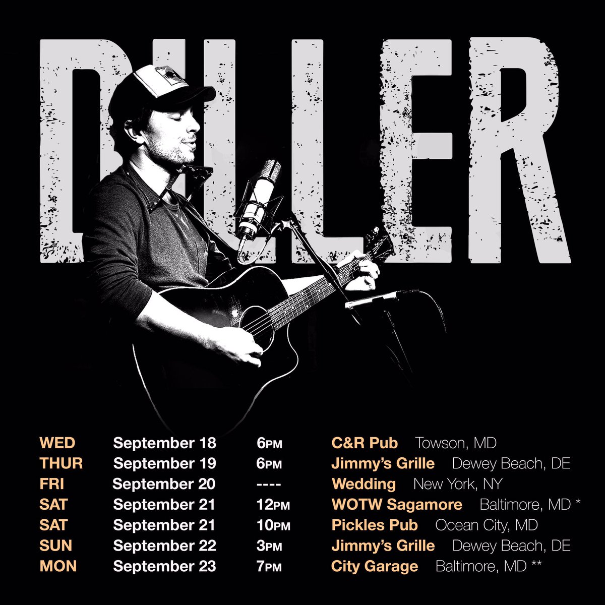 This week, we’re all over the place. Solo, Diller Bros, Full Band.... mark your calendars and meet us there.