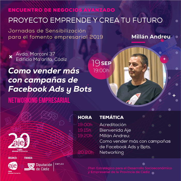 ceccadiz's tweet photo. Si quieres empezar a vender más utilizando las campañas de Facebook Ads y Bots de la mano de @millanandreu apúntate y lparticipa en el Networking
Evento gratuito previa inscripción
@AJECADIZ @diputacioncadiz 

https://t.co/Ka31BbGByu https://t.co/KvQohMIMoB