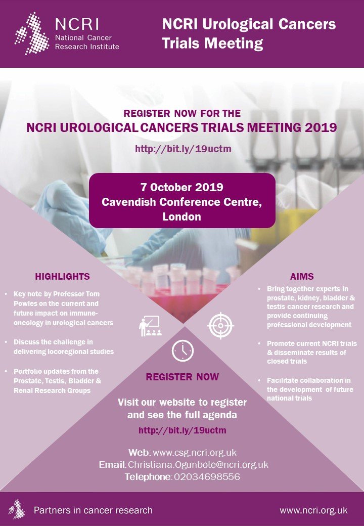 Don't miss out! Register now for the @NCRI_partners  Urological Cancers Trials Meeting 2019, happening on 7 October in London. 
 
👉ncri.org.uk/events/ncri-ur… …

#urologicalcancer #prostatecancer 
#Prostate_Group #BladderRenal_Group #germcelltumour #testicularcancer