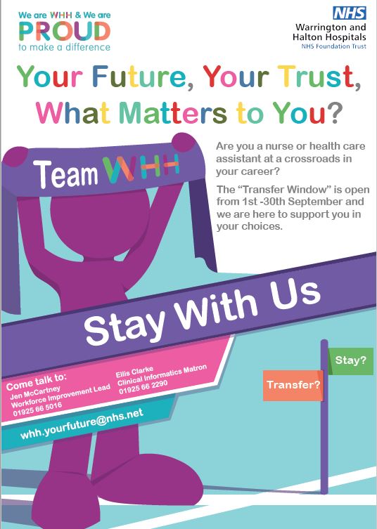 Our 'Transfer Window' is open until the end of September @whhnhs for all Nurses and Health Care Assistants. Thank you to those who have been in contact - make sure you get your forms in! For those interested don't delay, get in touch today! #staffmatter