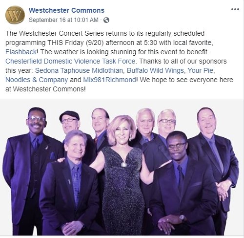 Okay locals, THIS Friday, the <a href="/WCCommons/">Westchester Commons</a> Concert Series will benefit the Chesterfield Domestic Violence Taskforce. Live music and a great time - we hope you'll join us.