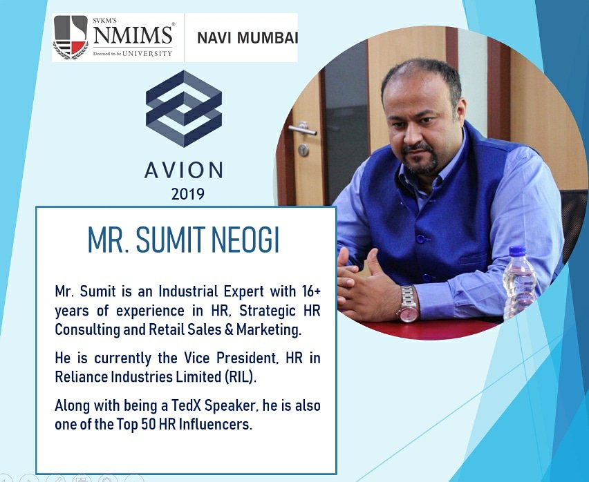 nmimsnavimumbai's tweet photo. Presenting you the first speaker of AVION 2019 Mr. Sumit Neogi,Vice President-HR in RIL.
@sumit_neogi
#Nmimsavion #nmimsnavimumbai #Businessconclave #Business_events
#hr #Panel #discussion #pgdm https://t.co/FI88XLRQqe