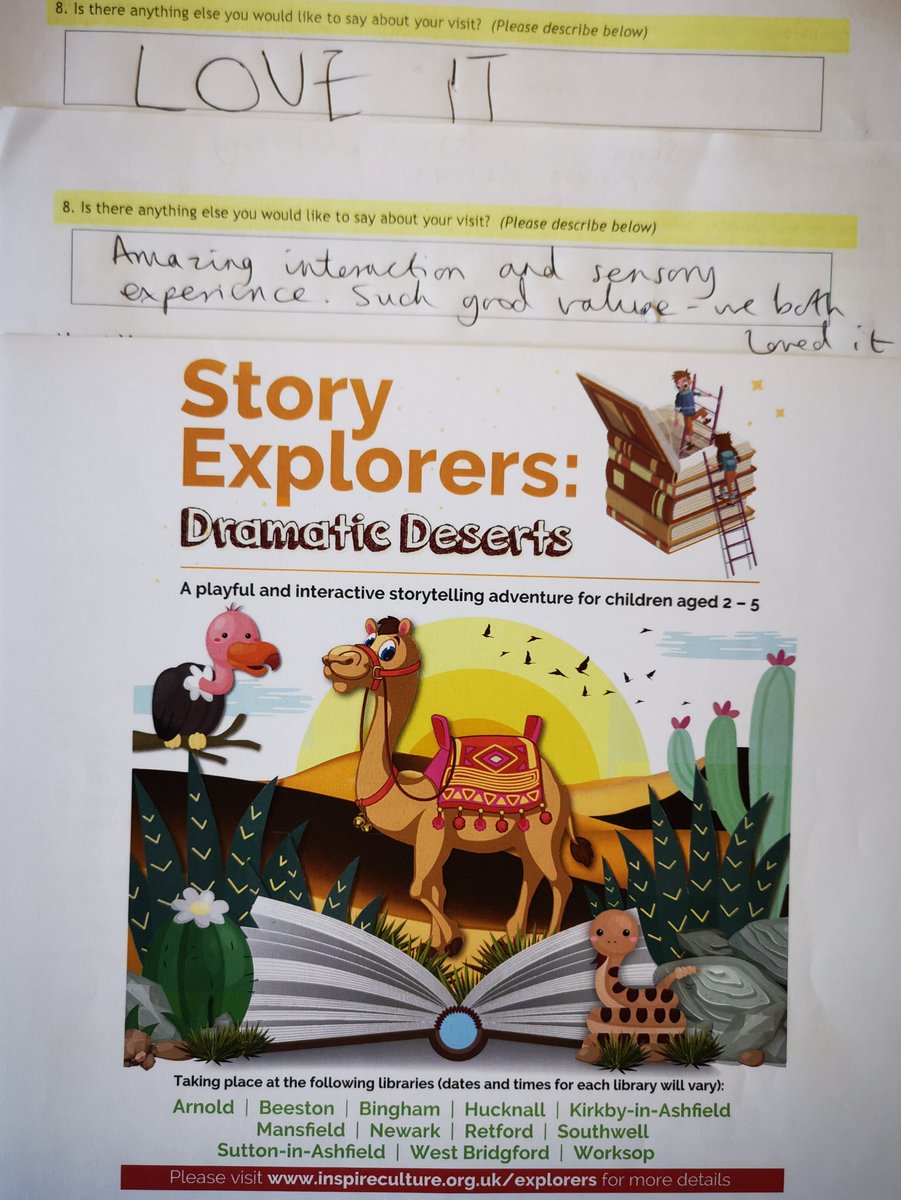 'LOVE IT' and 'Amazing interaction and sensory experience. Such good value - we both loved it' are just some of the lovely comments from today's families #storyexplorers #dramaticdeserts  #arnoldlibrary @NottsLibraries @NottmPlayhouse @ManyaBenenson @WestValstar @lou36378884