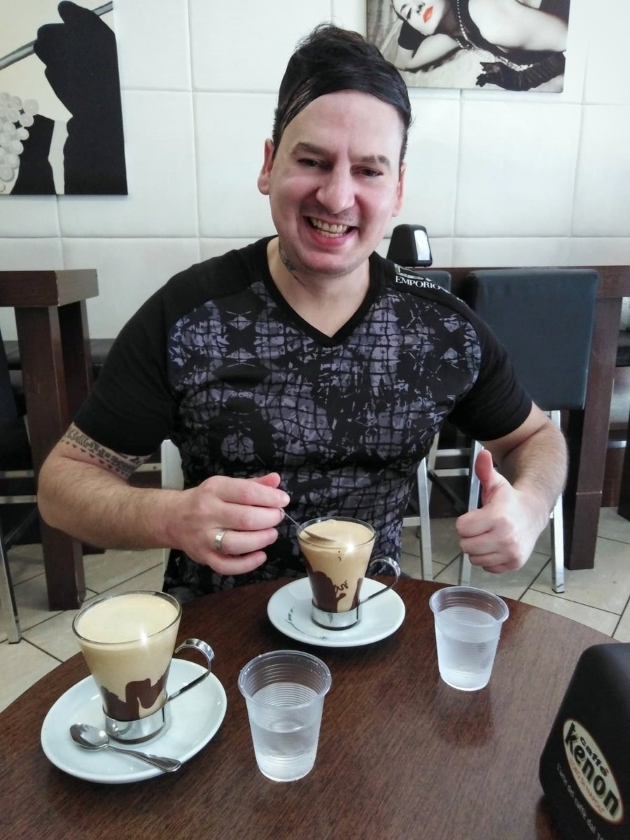 Rick sips a 'Coffee Shaken with Amaretto di Saronno' from COFFEE & CREAM in Acquaviva delle Fonti (Italy). ☕😋 #rickwesley #singer #songwriter #givemethenight #bar #CoffeeShaken #AmarettodiSaronno #relax #wonderfullife #Summer2k19 #Armani