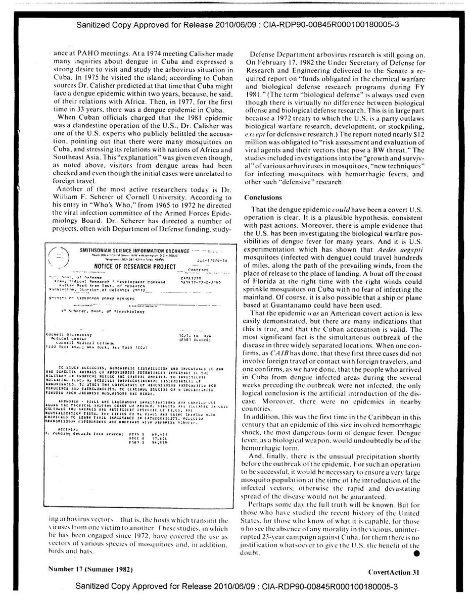Covert Action Information Bulletin no. 17 (1982) ran an article by Bill Schaap, "US Biological Warfare: The 1981 Cuban Dengue Epidemic."  https://archive.org/stream/Issue27CovertActionInformationBulletinIssue27ReligiousRight/Issue%2017%20CovertAction%20Information%20Bulletin%20Summer%201982%20US%20Fakes%20Data%20in%20Chemical%20War#page/n27/mode/2up