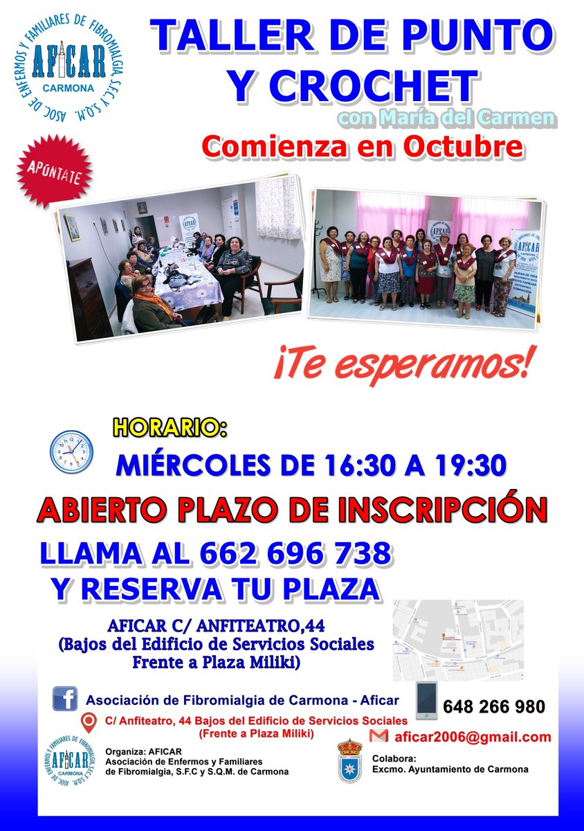 AFICARCarmona's tweet photo. En AFICAR tenemos la suerte de tener un Taller de Punto y Crochet como no hay otro, con nuestra querida monitora Maria Del Carmen Aviles Barrera los miércoles por la tarde es el día de la amistad. Puedes apuntarte llamando al teléfono 648266980. https://t.co/s6zGRZ9Efg