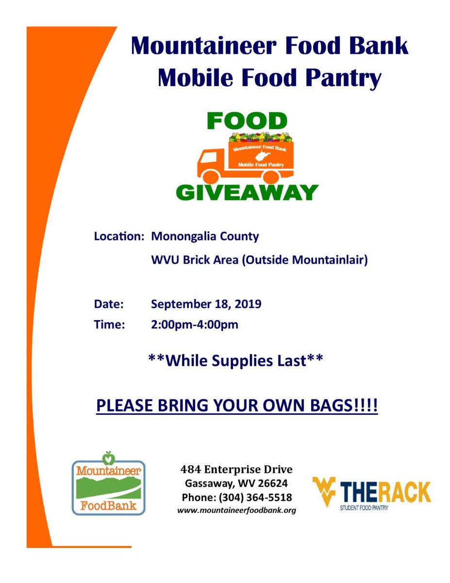 Today is the day! Our mobile food pantry will be outside the Mountainlair from 2-4pm today. Stop by and get some free food courtesy of Mountaineer Food Bank and The RACK