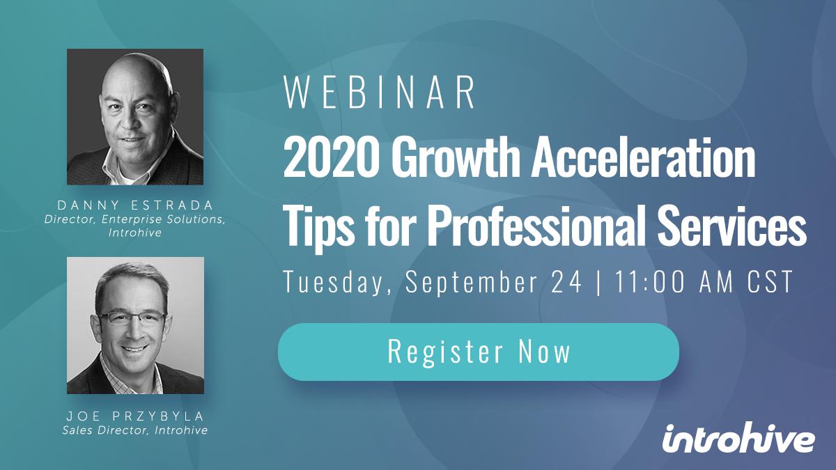 jodyglidden's tweet photo. Looking for growth acceleration tips for your professional services firm? 
Learn from my @Introhive colleagues Danny Estrada, @PracticalCRM, and @joeprzybyla on a Sept. 24 webinar. Save your seat: https://t.co/bgO9p4tbr4
#businessdevelopment https://t.co/ir8H8AF1s2