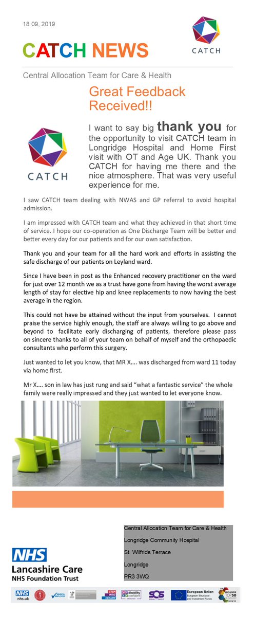 CATCH (@catch_central) on Twitter photo Some fantastic feedback received from our colleagues and service users. Well done <a href="/CATCH_Central/">CATCH</a> and Home first. @Nowelljulie <a href="/AmandaHousley3/">Amanda Housley</a> <a href="/LancsHospitals/">Chorley & Royal Preston</a> <a href="/Rochellefinch8/">Rochelle finch</a> @GtrPrestonCCG <a href="/TanyaHibbertNHS/">Tanya Hibbert</a> <a href="/AnitatheOT/">Anita Burke</a> Some fantastic feedback received from our colleagues and service users. Well done <a href="/CATCH_Central/">CATCH</a> and Home first. @Nowelljulie <a href="/AmandaHousley3/">Amanda Housley</a> <a href="/LancsHospitals/">Chorley & Royal Preston</a> <a href="/Rochellefinch8/">Rochelle finch</a> @GtrPrestonCCG <a href="/TanyaHibbertNHS/">Tanya Hibbert</a> <a href="/AnitatheOT/">Anita Burke</a>