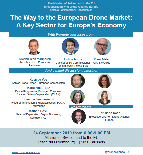 "The Way to the European #Drone Market: A Key Sector for Europe’s Economy" in cooperation w/ <a href="/DroneAllianceEU/">DroneAllianceEurope</a> 

Keynotes: MEP <a href="/MarianMarinescu/">Marian Marinescu</a>, J. Salsby, CabMember of <a href="/Bulc_EU/">Violeta Bulc</a> &amp; K. Meier, CIO <a href="/skyguide/">Skyguide</a>  

#SwissEUrelations #HomeOfDrones

📆 24/9
⌚️18h
✍️ bit.ly/2mfNpxo