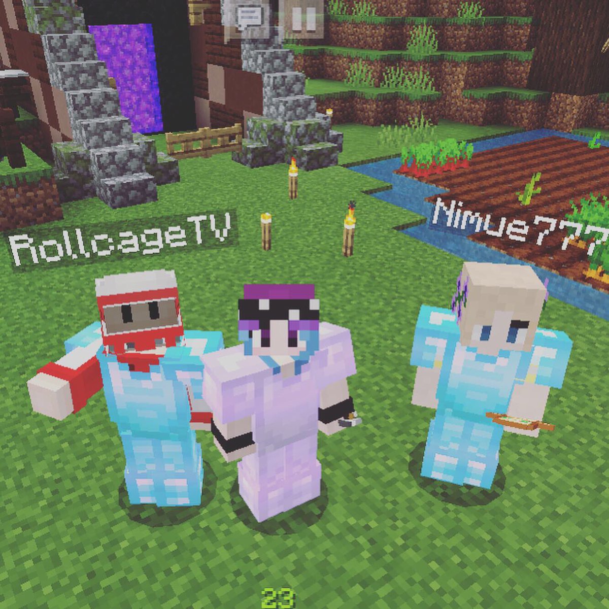 Thereisasong11's tweet photo. My build on @itsDaphneElaine βs Subbie realm my roof is wonky but I think it looks neat! Plus realm friends Rollcage and nimue came over for a selfie lol Iβll be posting these on my Instagram too #Minecraft #minecraftrealms #minecraftfriends #minecraftbuilds #minecraftselfie https://t.co/NV5TH52r8e
