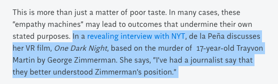 text reading "In a revealing interview with NYT, de la Peña discusses her vr film 'one dark night', based on the murder of 17-year-old trayvon martin by george zimmerman. She says, "I've had a journalist say that they better understood Zimmerman's position"