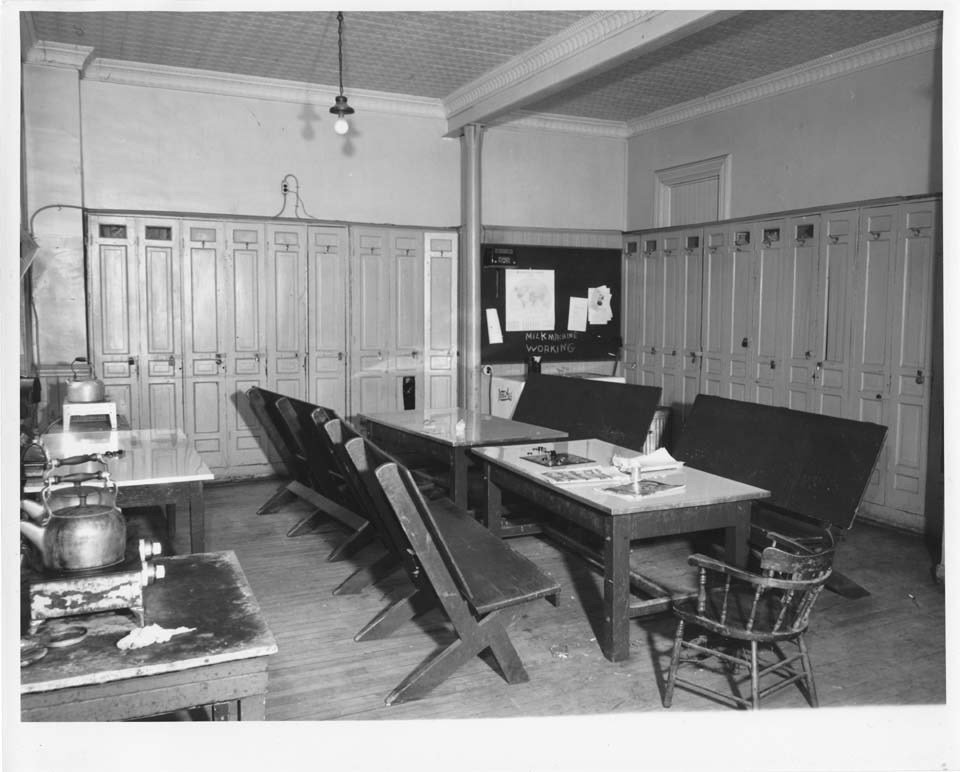 Guard room, Ottawa police station, as many as thirty men on a shift lunch in this room #newoldstock