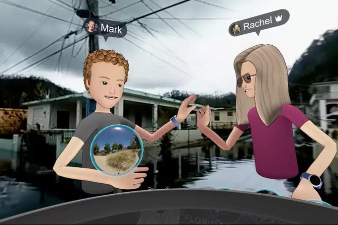 Cartoon avatars of Facebook's CEO Mark Zuckerberg and head of social virtual reality Rachel Franklin high five while stranding in front of a flooded streetscape in Puerto Rico in the aftermath of Hurrican Maria in 2017.