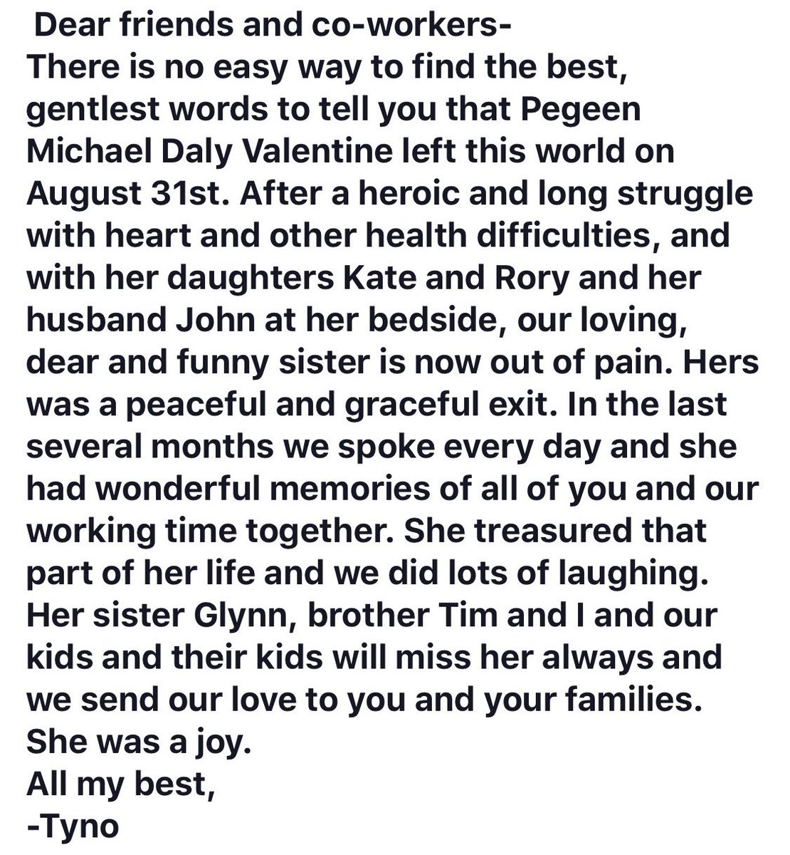 TimmyDaly's tweet photo. HUMANS!!! I recently lost my sister, Pegeen. My sister, Tyne (@TyneDalyOnline), wrote this beautiful tribute to her. #heartbroken https://t.co/8rFrenrIg3