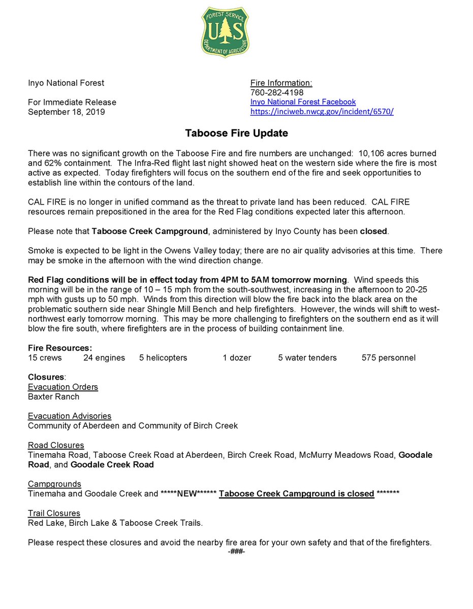 Taboose Fire Incident Update sheet